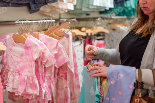 Preview: Young woman shopping for children’s clothing at a retail store