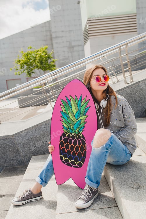 Preview: young hipster woman in street