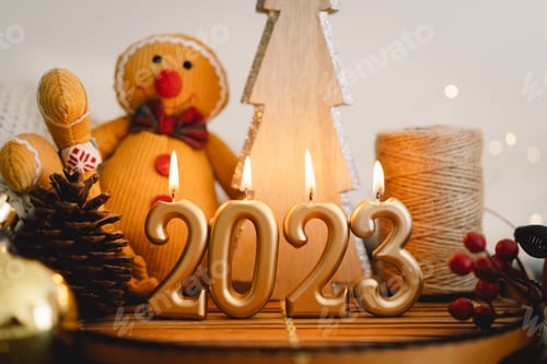 Preview: Happy New Years 2023. Christmas background with fir tree, cones and Christmas decorations