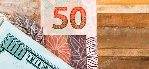 Preview: Top view of 100 dollar and 50 Brazilian real bills