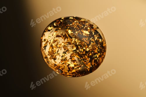 Preview: A round drop of 24k gold serum on a gold background.
