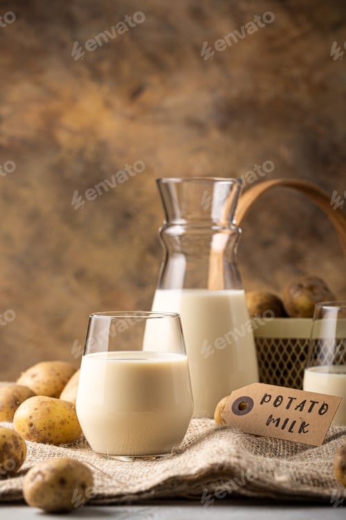 Preview: Potato Milk in Glass with Potatoes and Tag