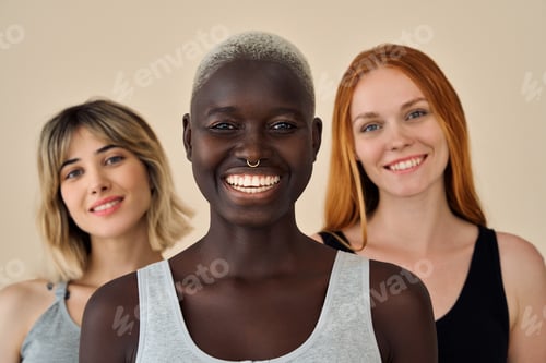 Preview: Happy cool gen z Black blonde girl with diverse models on background, portrait.
