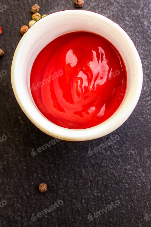 Preview: Tomato Sauce In A Gravy Boat On The Table (Sugo Or Ketchup) Menu Concept. Background. Top View