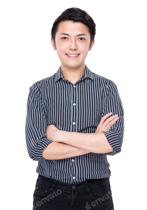 Young Man in Striped Shirt with Arms Crossed