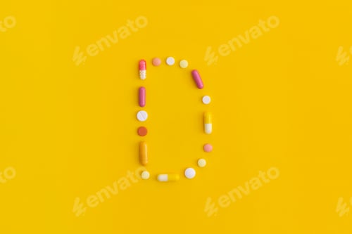 Preview: Vitamin D made from pills on yellow background. Top view with copy space. Flat lay.