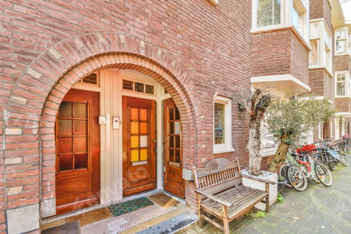 Preview: Wooden entrance doors with yellow glasses