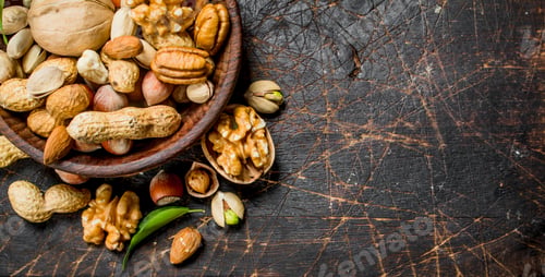 Preview: Different kinds of nuts in bowl with leaves.