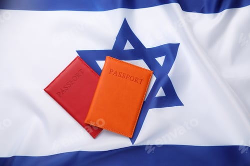 Preview: Passports in color covers on flag of Israel, top view