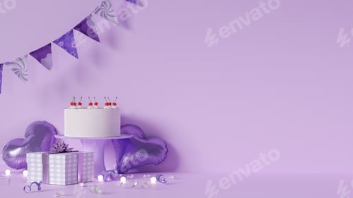 Preview: Purple Party with Cake and Heart Balloons, Festive 3D Render.