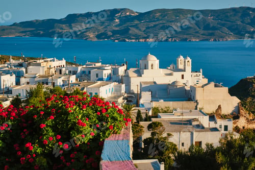 Preview: Picturesque scenic view of Greek town Plaka on Milos island over red geranium flowers