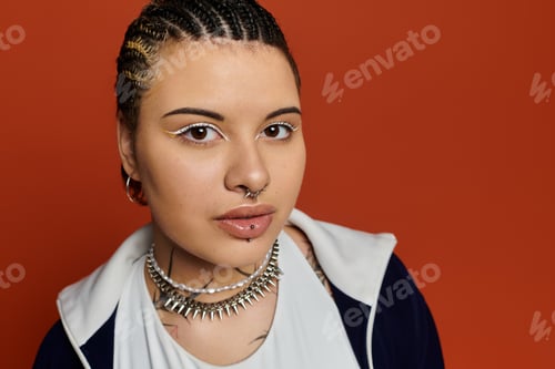 Preview: Young woman confidently poses against a vibrant orange backdrop, showcasing modern fashion