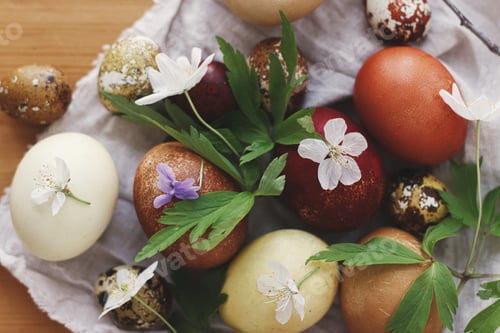 Preview: Modern pastel easter eggs with spring flowers on rustic linen cloth on wooden table. Happy Easter!