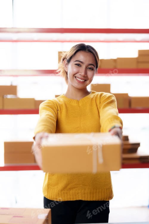 Preview: Asian female online business owner checking stock orders from customer.