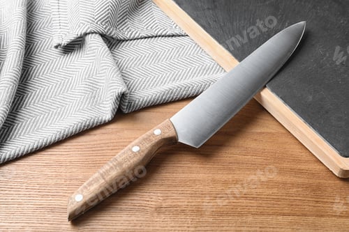 Preview: Composition with sharp chef's knife and board on wooden background