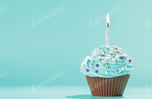Preview: Festive Cupcake with a Lit Candle on Blue