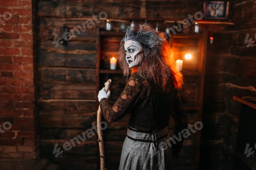 Preview: Scary witch with a cane, back view