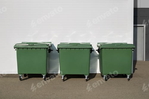 Preview: Three green dumpsters on the street. Garbage bin.