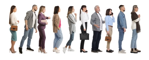 Preview: People waiting in queue on white background
