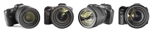 Preview: Photo camera isolated on white, collage. View from different sides