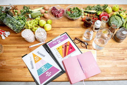 Preview: Nutritionists working place with food and documents