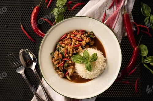 Preview: Overhead shot of a dish with rice and red peppers in a white round plate