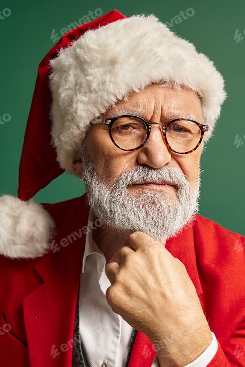 Preview: vertical shot of serious Santa in christmassy hat and glasses looking at camera, Christmas concept