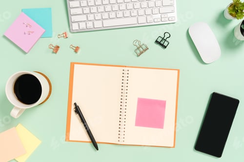 Preview: Creative flat lay photo of workspace desk.
