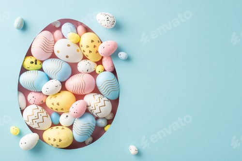 Preview: Easter celebration concept image. Top view of bright multicolored eggs seen through