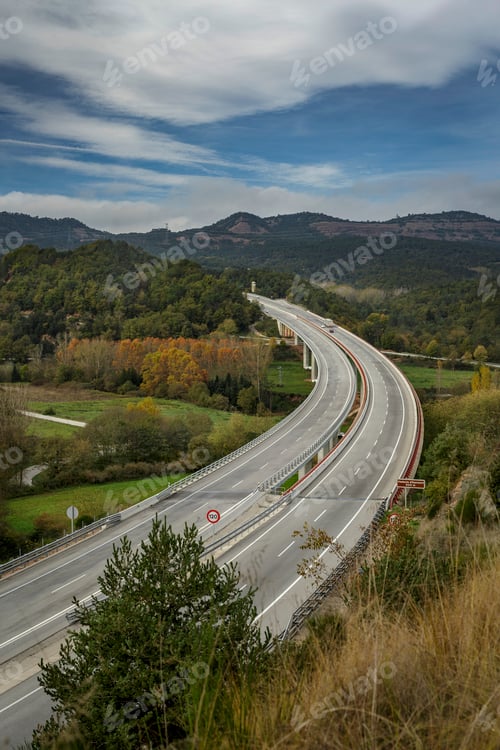 Preview: Elevated view of motorway, Viladrau, Catalonia, Spain, Europe