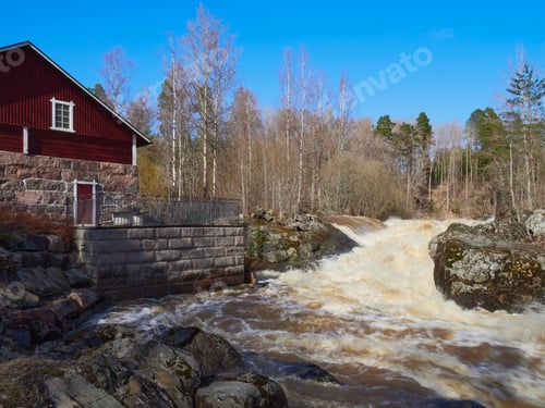 Preview: Waterfall in Finland: april, river rapids, nature of nordic countries.