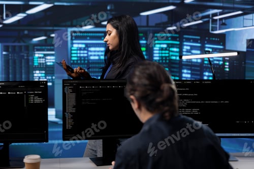 Preview: Technicians in data center workspace running system diagnostic tests