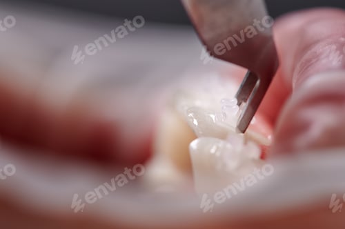 Preview: Dental specialist attaching white braces to patient teeth.