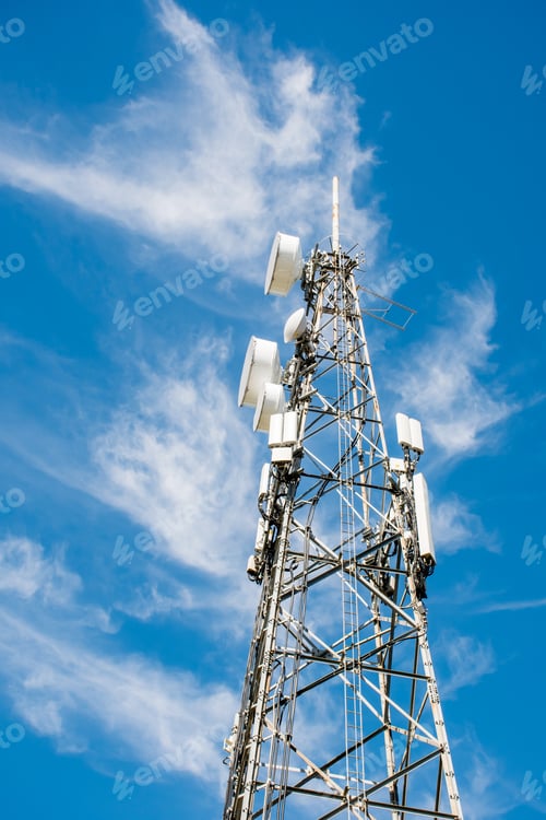 Preview: Radio, communication and cell tower on blue sky background