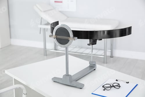 Preview: Campimeter on table in clinic. Ophthalmic equipment