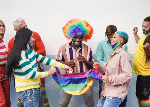 Preview: Cheerful multiracial people dance at gay pride parade - Homosexual love - Concept of lgbt