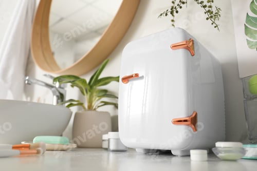 Preview: Cosmetics refrigerator and skin care products on white countertop in bathroom, low angle view