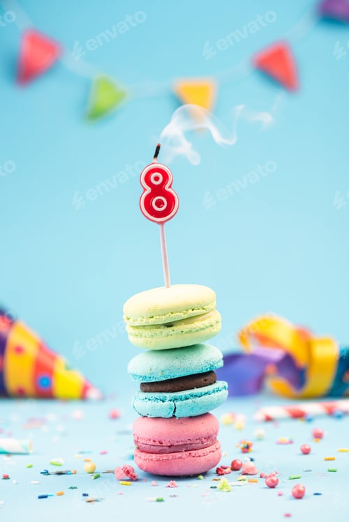 Preview: Colorful Macarons Stacked with Number Eight Birthday Candle