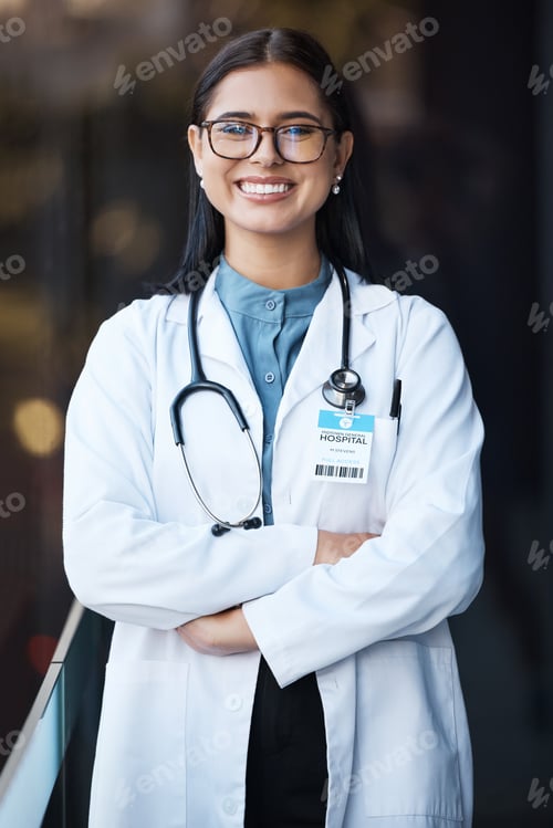 Preview: Healthcare, doctor and portrait of woman with smile and glasses in hospital lobby on happy mission