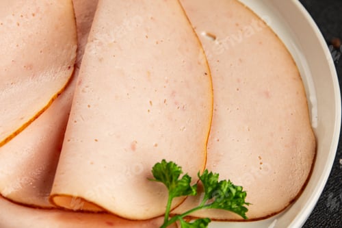 Preview: Chicken ham slices or turkey ham tasty snack fresh gourmet food background