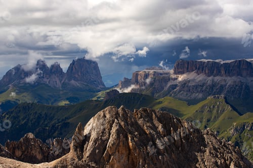 Preview: The view of Sassolungo and the Sella Group from Serauta in the Dolomites, Italy.
