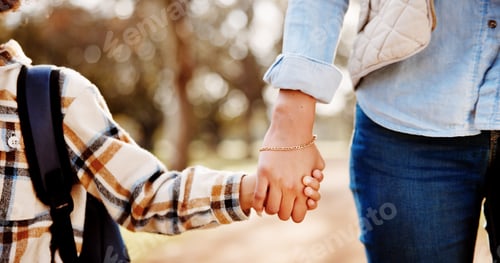 Preview: Holding hands, mom and child walking in park with safety, bonding and school backpack in park trees