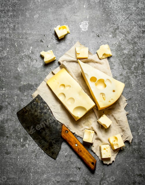 Preview: Hatchet and pieces of fresh cheese.