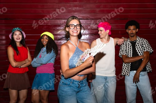 Preview: Multiethnic group of young friends having fun on the stretts in the night