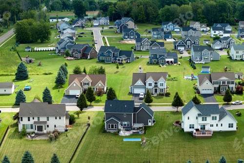 Preview: Aerial view of spacious new family houses in upstate New York suburban area.