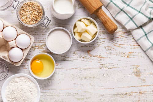 Preview: Ingredients for baking - flour, eggs, salt, sugar, milk.