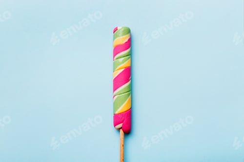 Preview: Colorful candies, lollypop on the colorful background, multicolored minimal style top view