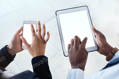 Preview: Business people, hands and tablet with screen on mockup above in corporate networking, advertising