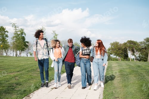 Preview: Group of students walking through the university campus having a conversation outdoors.