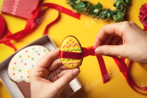 Preview: Female hands are holding Easter cookie
